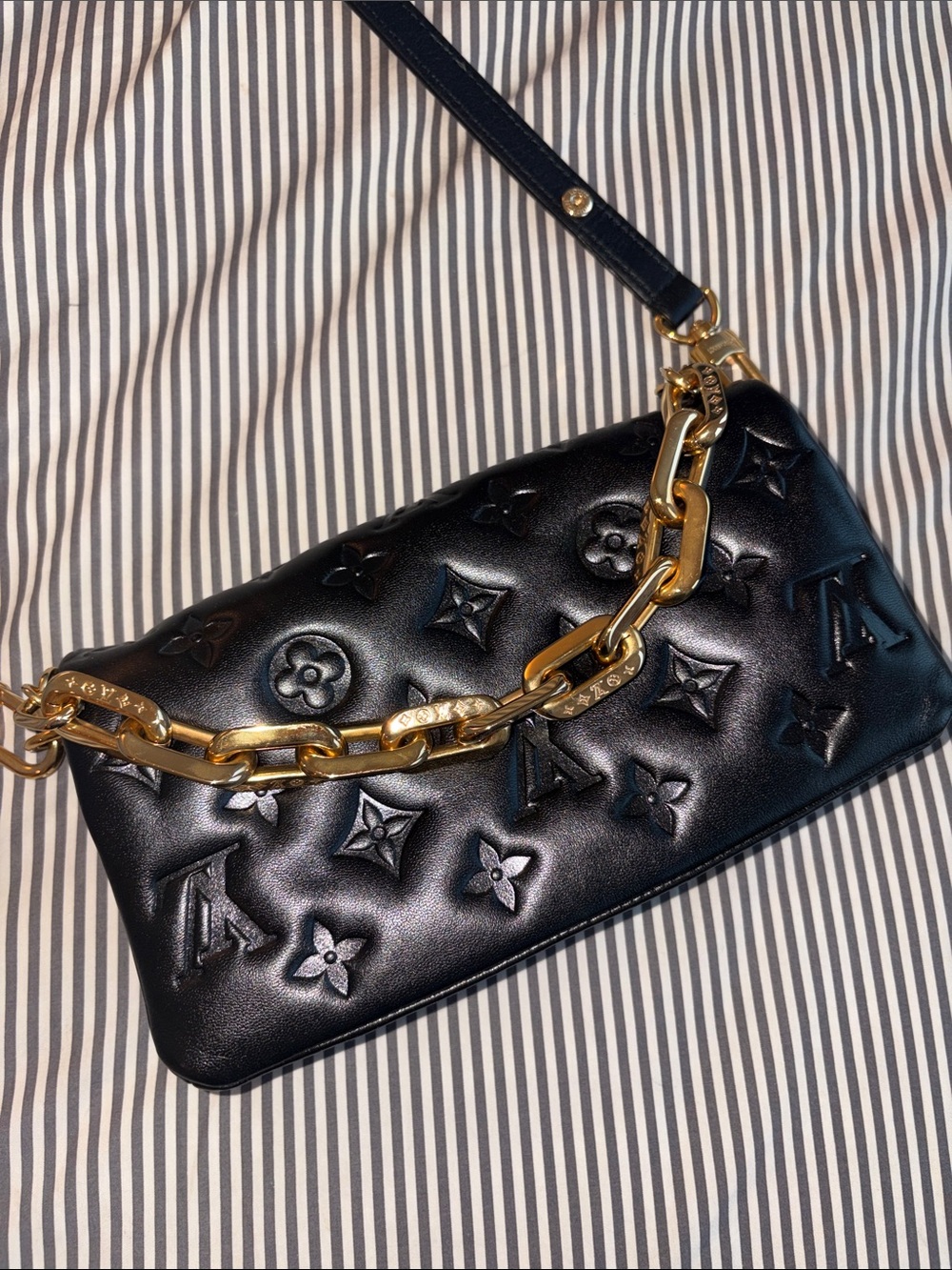 NEW Louis Vuitton Black Monogram Embossed Pochette Coussin with Gold Chain - Picture 4 of 15